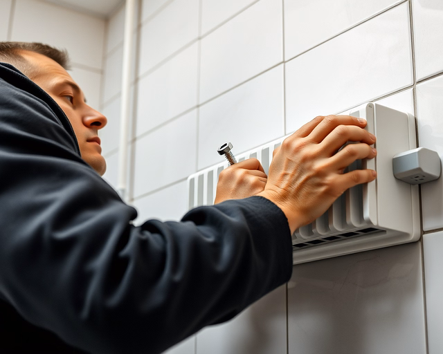 Szerelő óvatosan csatlakoztatja az elektromos fali törölközőszárítót a fali áramforráshoz, szigetelőcsíkot használva és multiméterrel ellenőrizve a feszültséget a biztonságos üzem indításához.