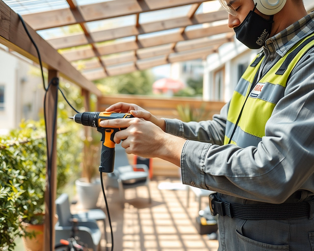 Szakember elektromos pergolatetőt szerel: alumínium váz, motoros lamellák és LED világítás bekötése, rejtett kábelezéssel, távirányítás és esőérzékelő rendszer beállítása.