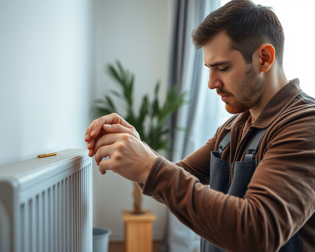 Kép: technikus biztonságosan lekapcsolja a tápegységet, légnyomást ellenőriz, majd elektromos radiátor feltöltése közben precízen tölti a rendszert vízzel és légteleníti a szelepet.