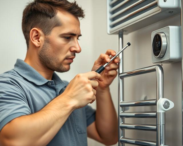 Szerelő beállítja az Elektromos törölközőszárítós radiátor termosztátját: finoman csavarja a vezérlőt, ellenőrzi a hőmérsékletet és a kijelzőt, miközben a radiátor melegedését figyeli.