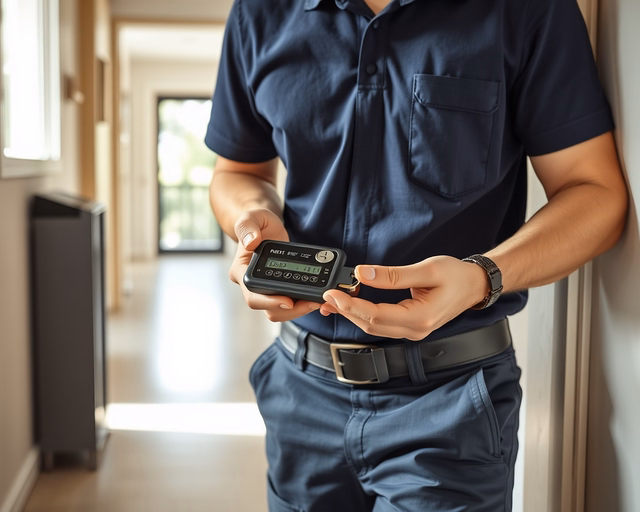 Fotó egy zárszerelőről, amint biztonságosan elektronikus kulcs generálást végez egy nappaliban.