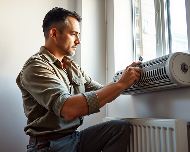 Szerelő óvatosan leszereli a parapetes gázkonvektort, energiatakarékos címkével, ellenőrzi a csatlakozásokat és hőszigetelést, miközben digitális mérővel méri a fogyasztást.