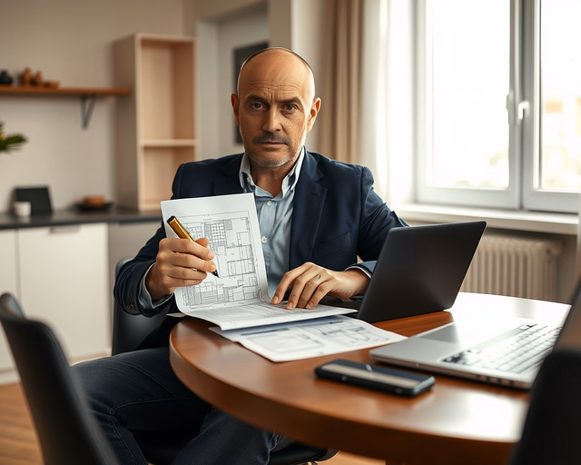 Szakértő építész ül az asztalnál, tervrajzot tartva és éppen aláírja az építési engedély kérelmét, a "Építési engedélyek" felirat jól látható a dokumentumon.