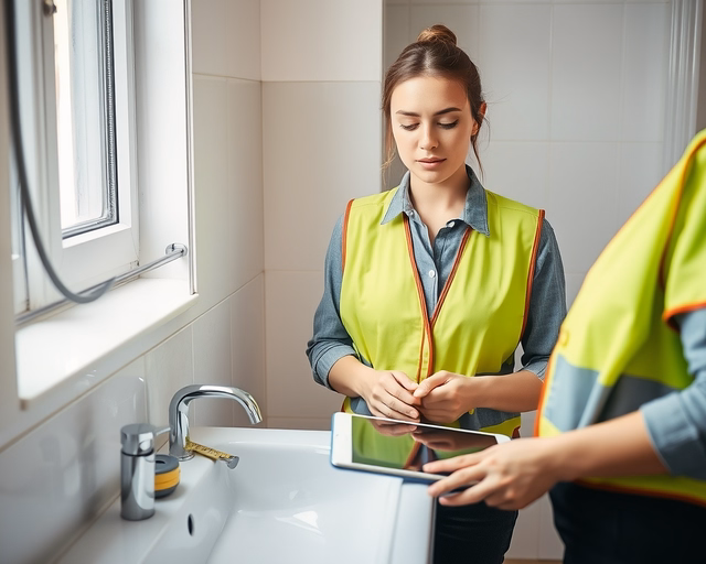 Építési műszaki ellenőr: az ellenőr kézben tervrajzzal áll a helyszínen, mérőszalaggal és jegyzőkönyvvel méri és dokumentálja a falmagasságot, biztonsági elemeket és kivitelezési pontosságot.