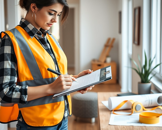 Építési napló: Munkás dokumentálja a betonozást — jegyzetel, fotózni és aláírni készíti a naplót, miközben a friss beton simítása és a betonacél ellenőrzése zajlik a munkahelyen.