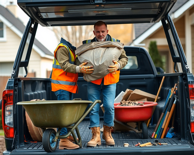 Építési törmelék szállítása: munkás teleszórja markolókanállal a platót, homok, tégla és betondarabok közé apró törmelékek hullnak, teherautó készen áll a rögzítésre és elszállításra.