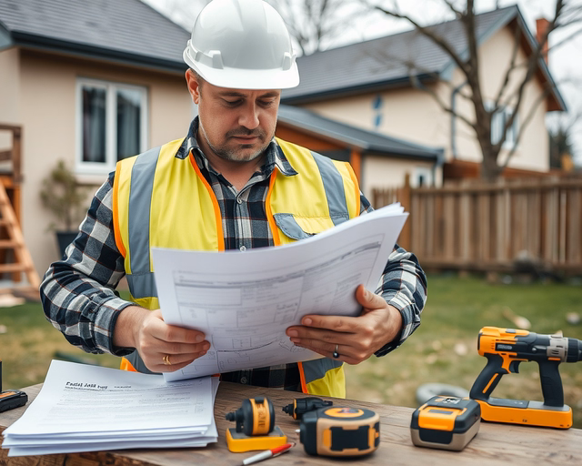 Építkezés e-napló nélkül: munkavezető papírokat tart a kezében, építési napló helyett telefonon egyeztet a brigáddal, miközben dolgozók alapozást mérnek és betonoznak a téren.