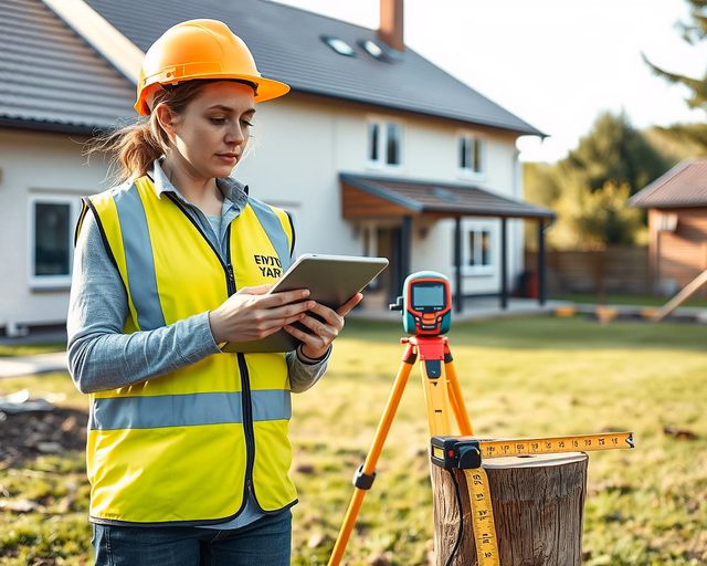 Építkezés lejtős telken: munkások géppel tereprendeznek, támfalat építenek, betonoznak és szinteznek, mérőműszerek és védősisakok láthatók a stabil alap kialakításához.