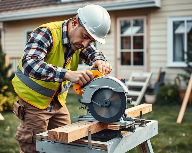 Építkezés munkafolyamatai: munkás precízen betonozza az alapot, lapátol, simítórésszel egyengeti a friss betont, miközben védősisak és kesztyű van rajta.