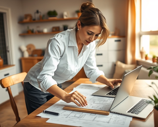 Építkezés tervezése: mérnök rajzolja a ház alaprajzát, vonalzót és műszert használva, ügyfél mellett ül, részleteket egyeztetnek és tervpapírt aláírnak.