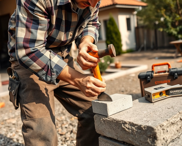 A mester precízen simítja a friss cementréteget, jobb kezében simítóval, bal kezében deszkadarabbal tartva a panelt — Építőipari munkák részletes, valósághű jelenete.