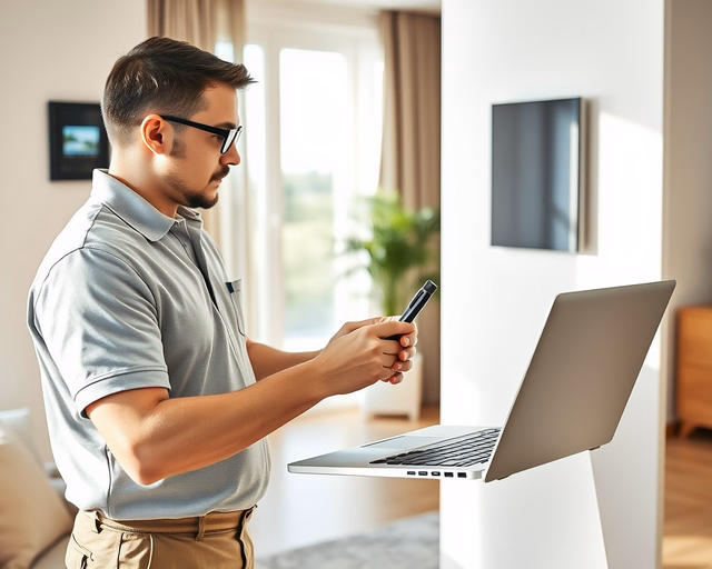 Fotó egy mesteremberről, amint precízen épületautomatikát programoz egy irodában.