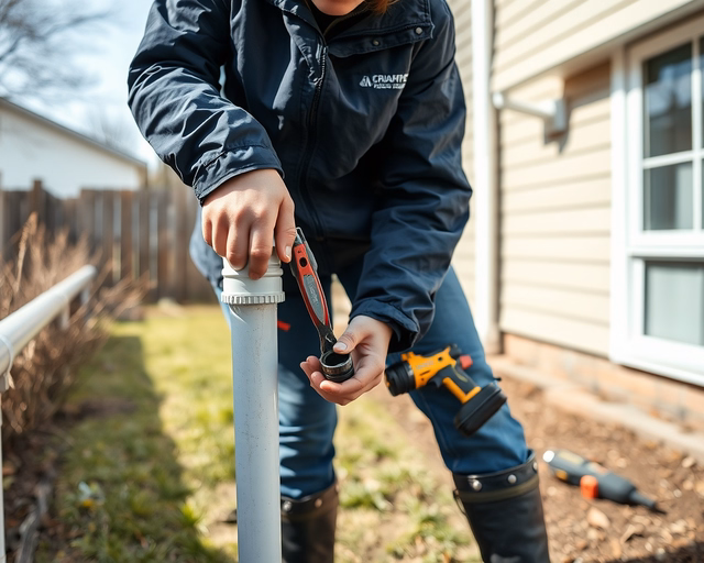 Esővíz elvezetése: munkás ásott árokba fekteti a perforált dréncsövet, geotextíliát terít fölé, majd kavicsot terít, hogy biztosítsa a víz folyamatos elvezetését.