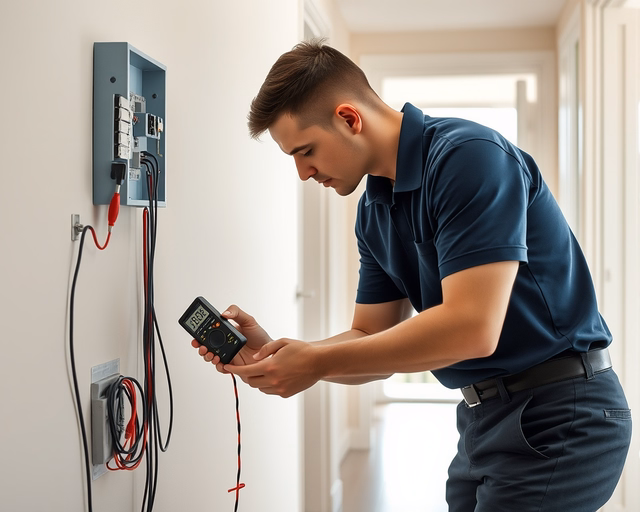 Fotó egy zárszerelőről, amint szakszerűen éves biztonsági felülvizsgálatot végez egy nappaliban.