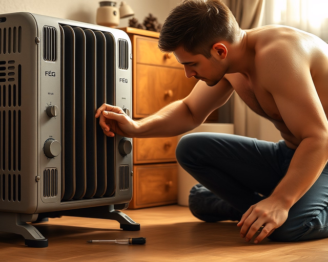 Szerelő beállítja az F8 konvektort: precízen állítja a termosztátot és ellenőrzi a légáramlást, miközben műszerrel méri a hőfokot és rögzíti a beállításokat.