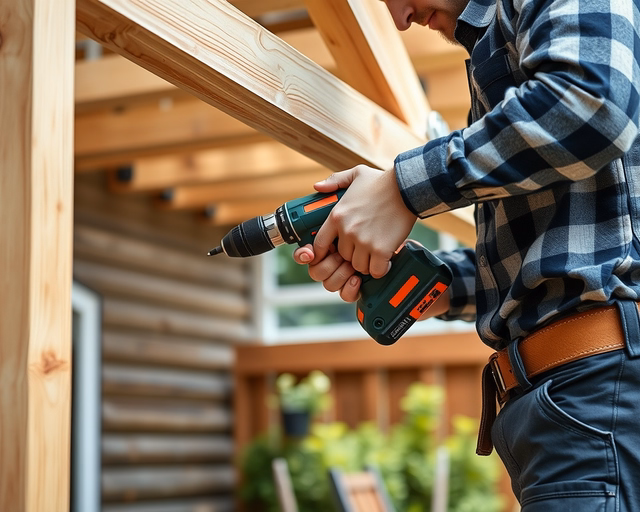 Mester fa előtetőt épít: tartóoszlopok felállítása, gerendák illesztése, csavarozás, vízszigetelő fólia és zsindely felhelyezése. Precíz mérés, vízmérték, kültéri faanyagvédelem.