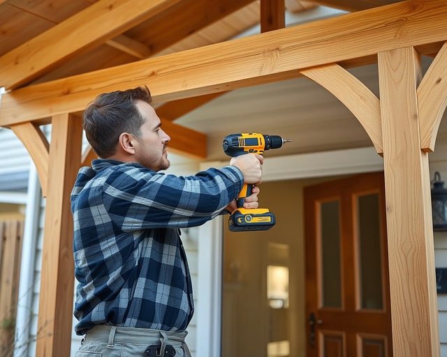 Szakember fa előtetőt szerel: tartóoszlopok rögzítése, impregnált gerendák illesztése, csavarozás, vízzáró fólia és zsindely felhelyezése. Precíz mérés, biztonságos kivitelezés.