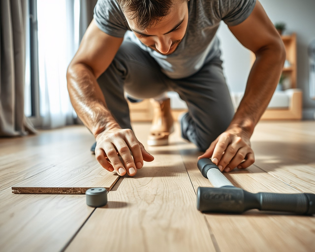 Középen a mester fa laminált padlót fektet: precízen illeszti a paneleket, kalapáccsal és ütőfával igazít, miközben pormentesített felületen mérőszalag és ragasztó látható. Fa laminált padló