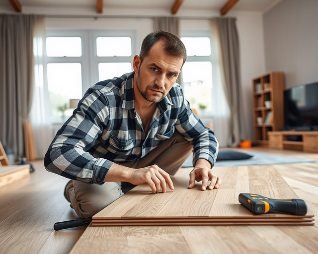 A mester precízen illeszti és ragasztja a fahatású laminált padlólapot a tiszta, portalanított aljzathoz — "fahatású laminált padló" szöveg látható a padló mellett lévő csomagoláson.