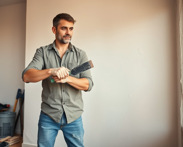 Mester simítja és gletteli a falakat tapasztóval, sima felületet hozva létre a festés előtt — Falak kezelése precízen, pormentesen, egyenletes rétegben.