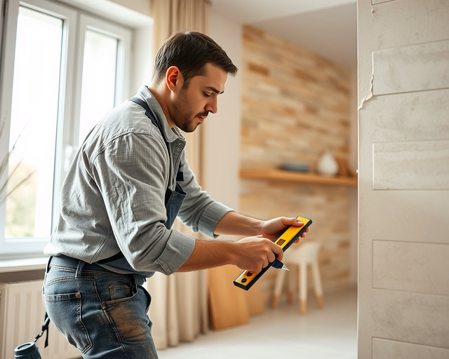 Falburkolókő: A szakember precízen méri és ragasztja a természetes köveket a falra, gumis kalapáccsal igazítva és fugával tömíti a rések között a szép, tartós burkolatért.