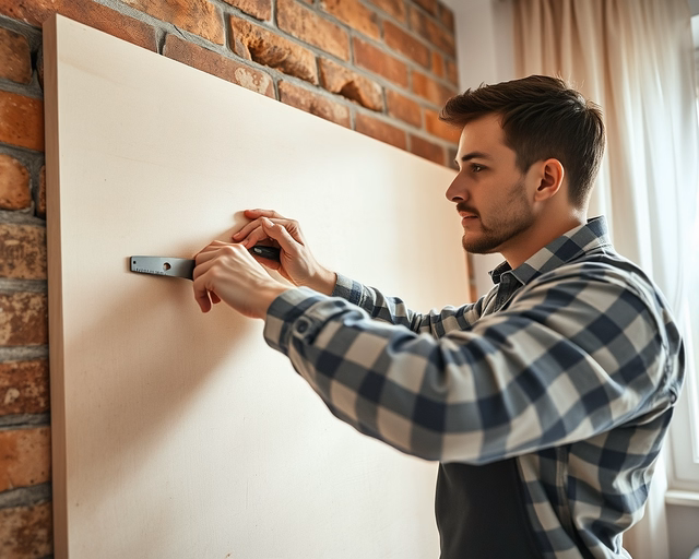 Fal­­szigetelő lemez: szakember gumikesztyűben ragasztóval felviszi a szigetelő lemezt a falra, pontosan igazítja és leszorítja, hogy sima, légmentes illesztés jöjjön létre.