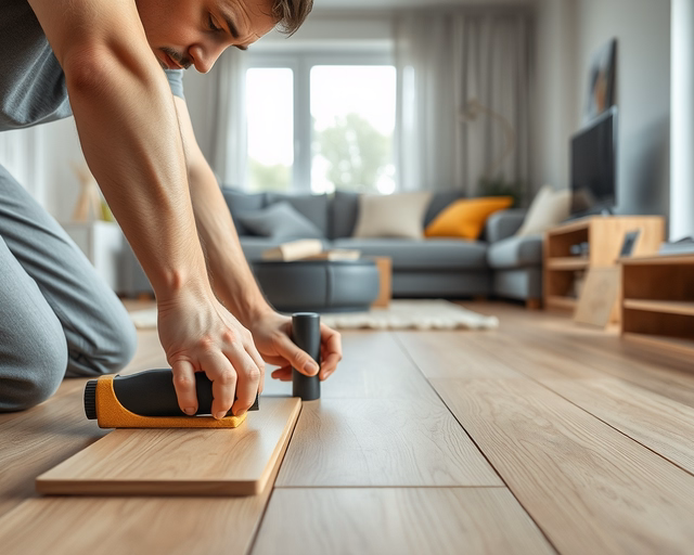 A mester precízen méri és vágja a famintázatú laminált padlót, illesztve a deszkákat, miközben kalapácsütéssel és távtartókkal biztosítja a pontos, sima fugákat — famintázatú laminált padló.