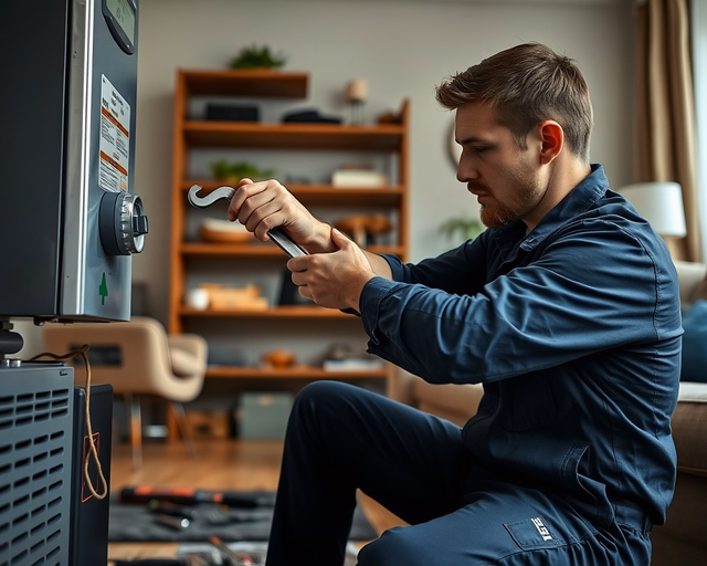 Szerelő felszereli a FÉG fali konvektort: falra igazítja a konzolt, csatlakoztatja a gáz- és villanyvezetéket, ellenőrzi a tömítéseket és beüzemeli a készüléket.