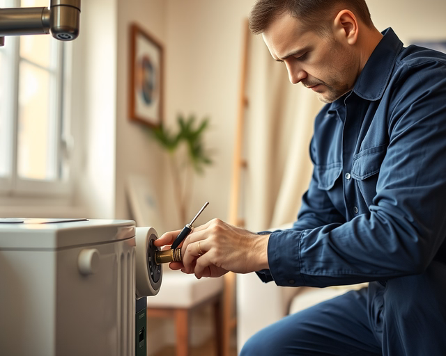 FÉG konvektor fúvóka tisztítása: szerelő óvatosan szétszedi a készülék burkolatát, ecsettel és sűrített levegővel kitisztítja a fúvókát, majd ellenőrzi a gáz- és levegőjáratot.