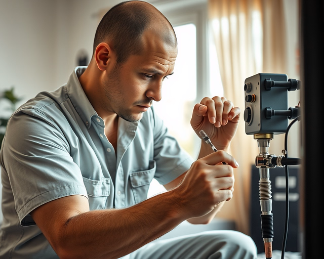 Szerelő finoman beállítja a FÉG konvektor hőfokszabályzó gombját, miközben ellenőrzi a kijelzőt és a termosztát érzékelőjét a pontos hőmérséklet elérése érdekében.
