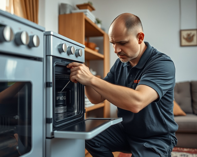 Szerelő FÉG konvektort javít: lekapcsolt gázcsap, burkolat leszerelve, szerelő műszerrel ellenőrzi égést és cseréli a hőelem-tárolót a készülék belsejében.