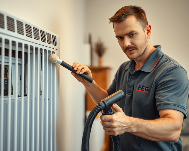 FÉG konvektor tisztítása: szerelő eltávolítja a burkolatot, porszívóval kiszívja a port és kicseréli a koszos hőcserélő szálakat, majd ellenőrzi a gázégőt és visszaszereli a készüléket.