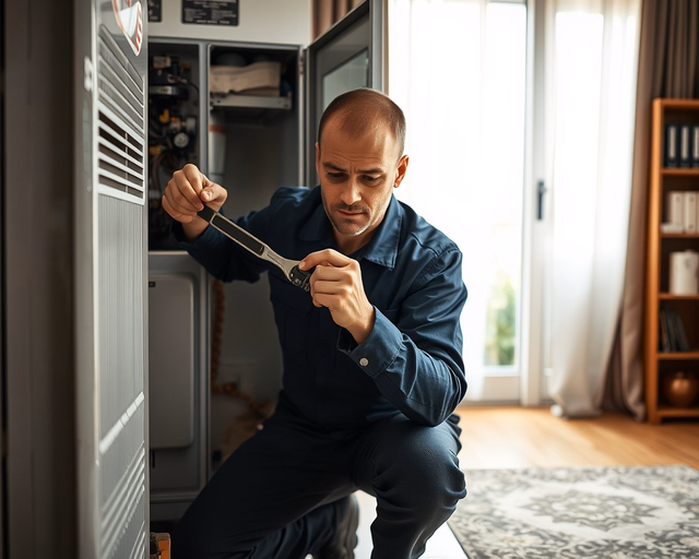 FÉG konvektorszerelő ellenőrzi és tisztítja a fűtőtestet, levéve a burkolatot, megszakítva az áramot, cseréli az égőelektródát és beállítja a hőszabályzót a biztonságos működés érdekében.