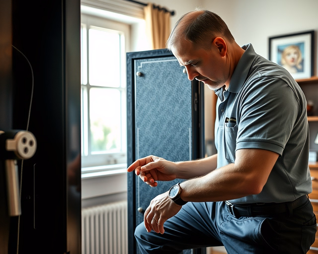 Fotó egy zárszerelőről, amint megbízhatóan fegyverszekrény ellenőrzést végez egy pincében.