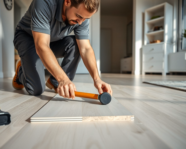 Fehér laminált padló lerakása: munkás precízen méri, vágja és illeszti a paneleket, gumikalapáccsal igazítja a hézagokat, alátétet és dilatációs rést hagyva a fal mellett.