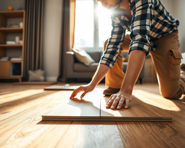Fekete gumikesztyűben mester fekteti a Fehér tölgy laminált padlót, pontos illesztésekkel és ütőszeggel rögzíti a panelek fugáit, gumilap és párnafólia alatt készül a sima, egyenletes felület.