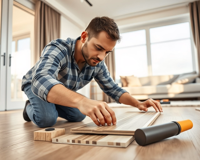 Mester precízen feliratos laminált padlót illeszt: méretre vág, peremeket lekezeli, a feliratokat sorba igazítja, lapokat összekapcsolja, ragasztót/klikk-rendszert használva biztosítja a sima felületet.