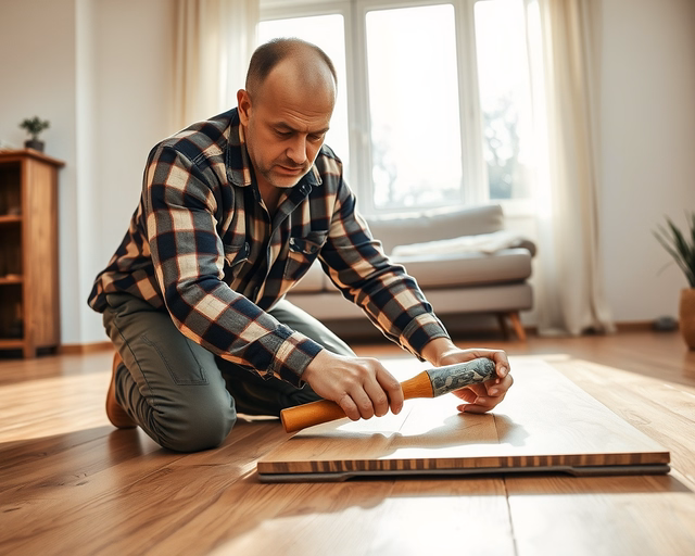 A szakember óvatosan felmelegíti a felpúposodott laminált padlót hőlégfúvóval, majd körkörös mozdulatokkal simítja vissza a felületet — "Felpúposodott laminált padló javítása".