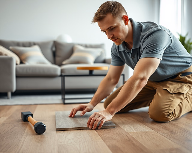 A munkás precízen fekteti a fenyő hatású laminált padlót, illesztve a paneleket, ragasztót és fóliát használva, hogy sima, természetes fa megjelenést adjon a helyiség padlójának.