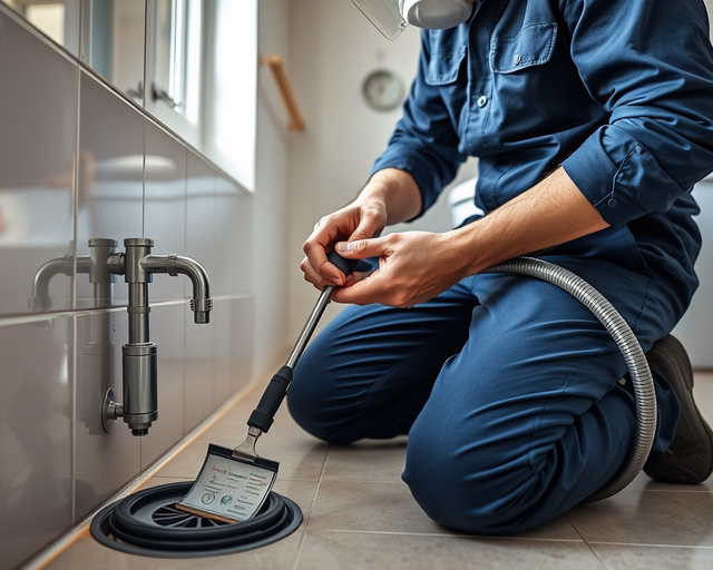 Fotó egy vízvezeték-szerelőről, amint szakszerűen csatornát fertőtlenít egy udvaron.