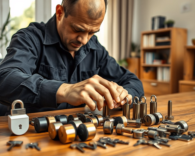 Fotó egy mesteremberről, amint gondosan főkulcsrendszer tervezést végez egy házban.