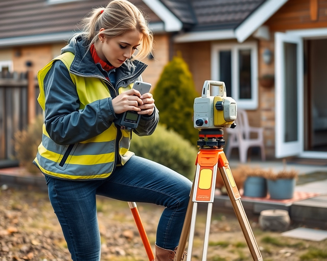 Földmérés: mérnök GPS-vevővel pontosan kijelöli a telek sarkait, mérőszalaggal és szintezőállvánnyal ellenőrzi a magasságokat, adatokat rögzít tabletre a terület feltérképezéséhez.
