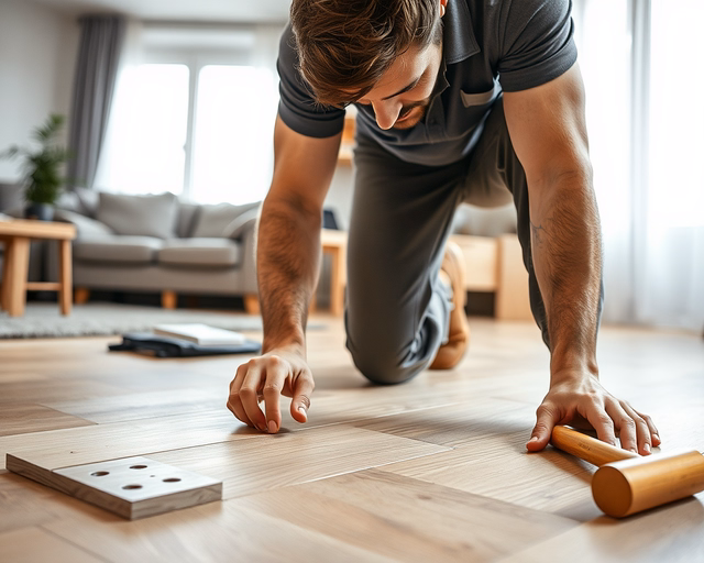 A szakember Fózolt laminált padló telepítése közben pontosan illeszti a paneleket, ütőfával és ékekkel rögzíti a hézagokat, majd nedvességszigetelő fóliát és dilatációs hézagot biztosít; fózolt laminált padló.