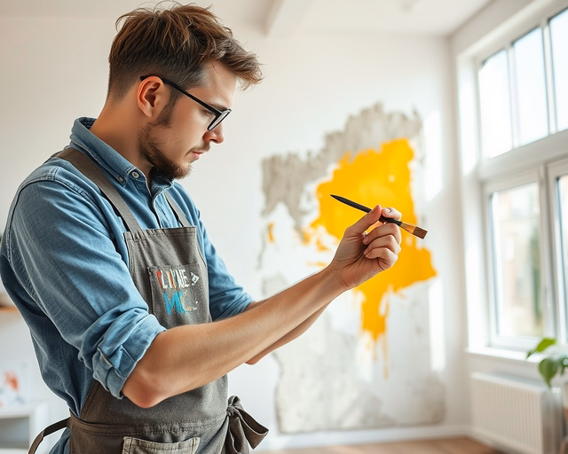 Fotó egy mesteremberről, amint szakszerűen freskófestést végez egy lakásban.