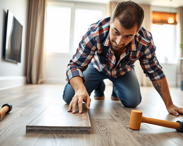 Fugás laminált padló lerakása: szakember pontosan illeszti és ragasztja a laminált panelek fugáit, simítja a csíkokat és eltávolítja a felesleget, hogy tiszta, egyenletes felület jöjjön létre.