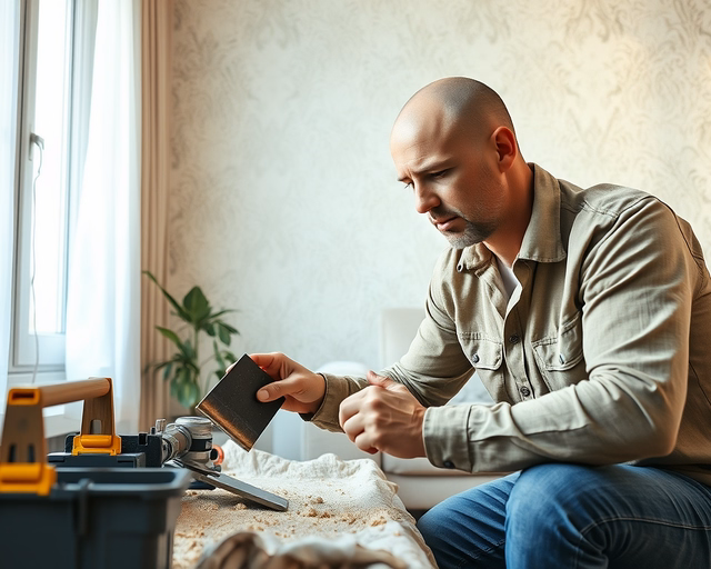 Fűrészporos tapéta leszedése: munkás védőkesztyűben és spatulával óvatosan feláztatja a tapétát, majd rétegenként lesimítva és kaparva eltávolítja a falról a ragasztóval átitatott papírt.