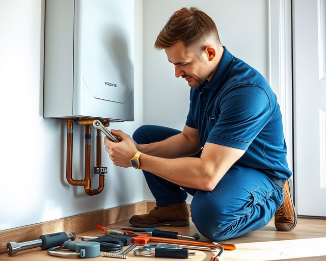 Fotó egy szakemberről, amint szakszerűen gázvezetéket és fűtésrendszert szerel egy házban.