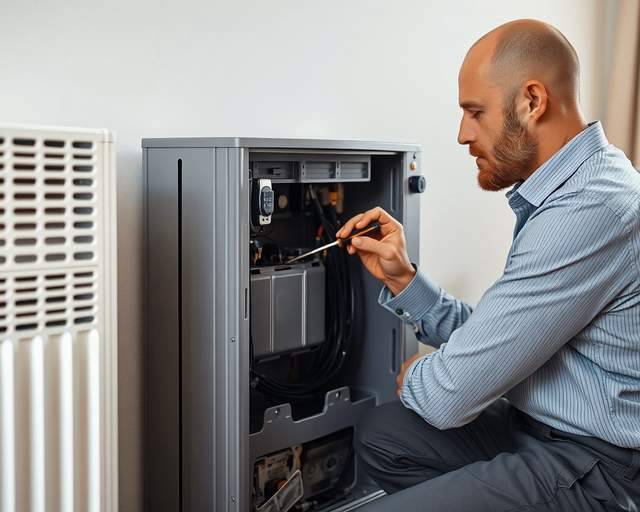 Gázkonvektor átalakítása: szerelő kiiktatja a burkolatot, leválasztja a gáztömlőt, átszereli az égéstermék-elvezetést és új vezérlőegységet szerel be, miközben teszteli a tömítettséget és gyújtást.