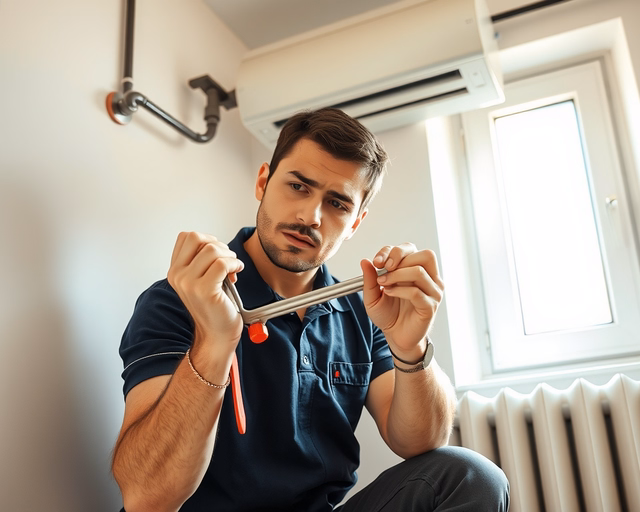 Gázkonvektor beszereléssel: szerelő gondosan rögzíti a fali konzolt, csőcsatlakozásokat ellenőrzi és szigeteli, miközben gázcsövet köt a készülékhez és műszerrel szivárgást vizsgál.