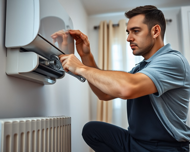 Gázkonvektor beüzemelése: szerelő ellenőrzi a gázcsatlakozást, beköti a készüléket, légtelenít, majd begyújtja és műszerrel méri a lángot és a CO-kibocsátást a biztonságért.